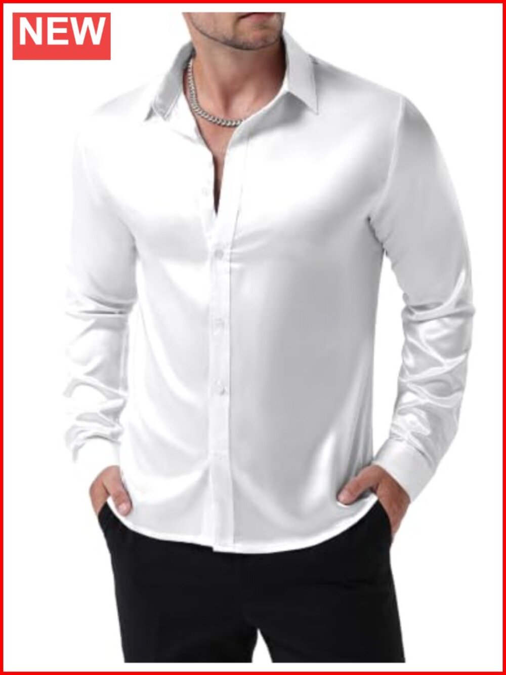 Men's Satin Shiny Slim Fit Button-Down Dress Shirt Long Sleeve Luxury